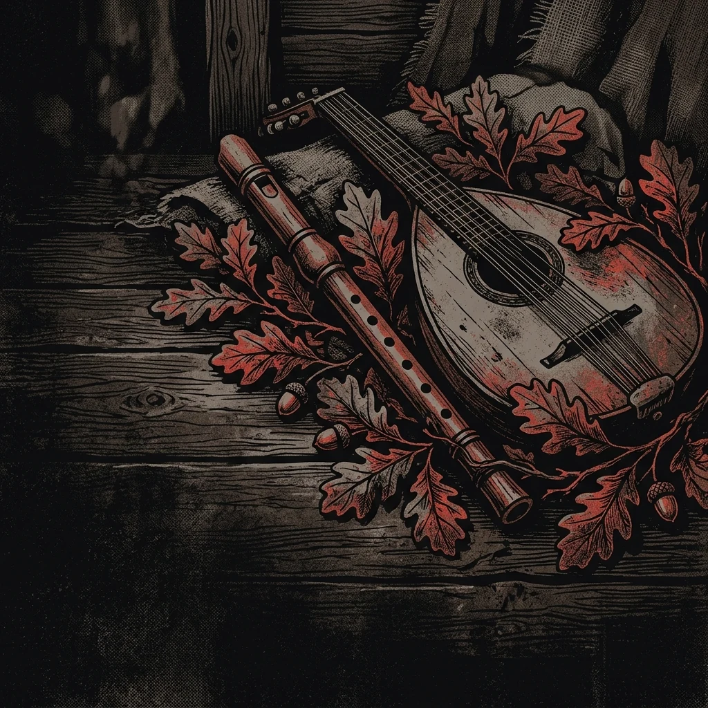 ilustración tributo de un collage de instrumentos folk alemanes —nyckelharpa, violín, laúd— entrelazados con una guitarra eléctrica y una batería bajo luz de taberna, paleta rojo y negro, sin texto ni logotipos