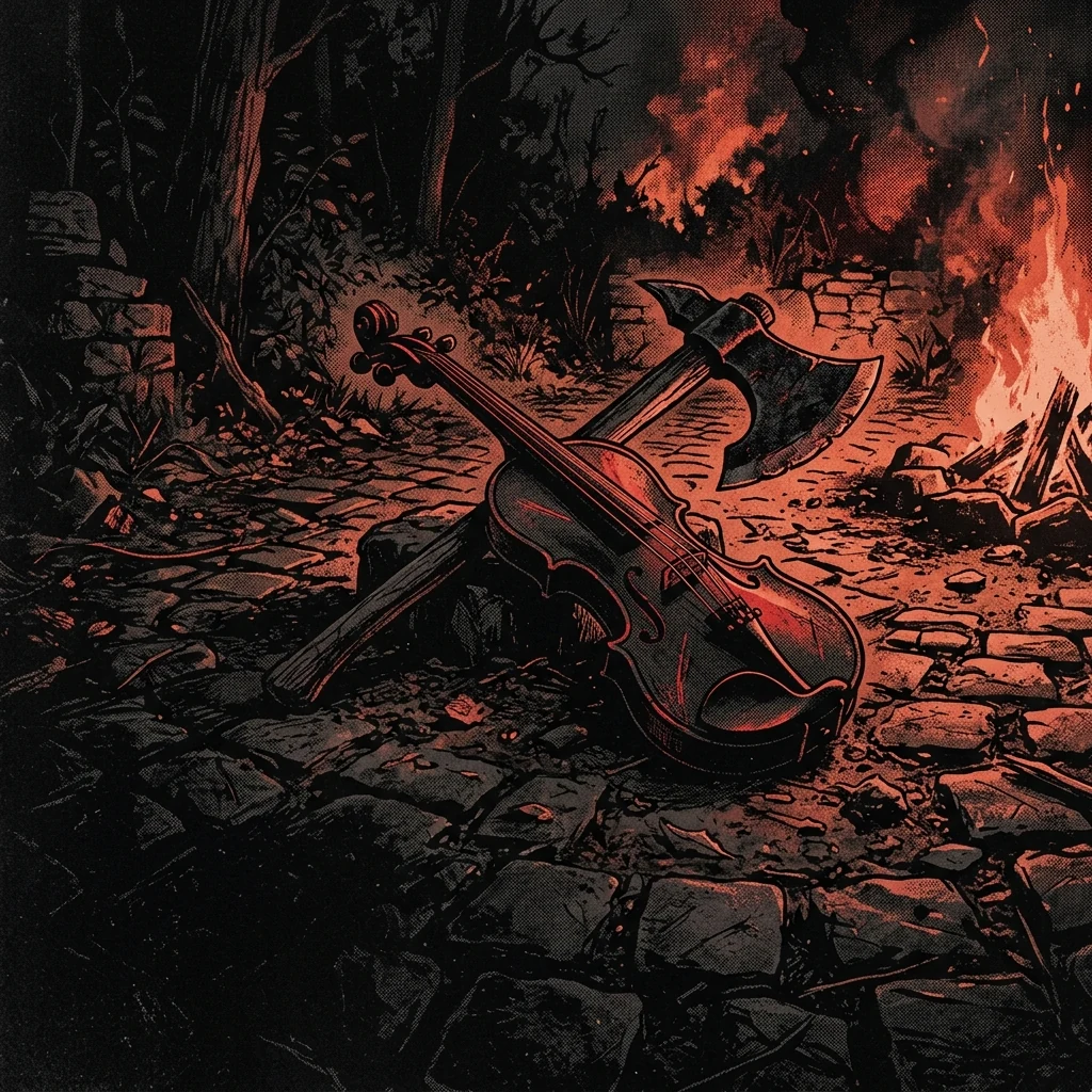 ilustración tributo de instrumentos medievales —rauschpfeife, bouzouki, laúd— apoyados contra amplificadores de metal en una taberna oscura bajo antorchas, atmósfera folk metal del norte de Alemania, sin rostros ni logos, paleta rojo y negro