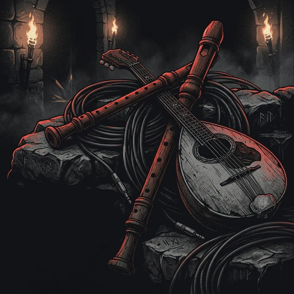 ilustración tributo de una rauschpfeife de madera y una bouzouki entrelazadas con cables de guitarra eléctrica y cuerdas de cello, sobre un fondo de piedra medieval con antorchas, sin texto ni logotipos, folk metal alemán, paleta rojo y negro
