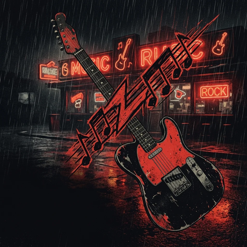 ilustración tributo de una guitarra telecaster vintage cruzada con un riff de heavy metal, neones rojos de bar de carretera bajo la lluvia nocturna, atmósfera de rockabilly oscuro y metal de los 50, paleta rojo y negro, sin rostros reconocibles ni logos