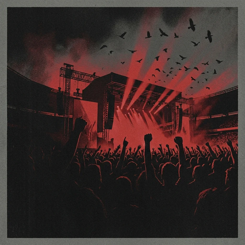 ilustración tributo de un escenario de estadio iluminado por focos rojos con siluetas levantando los puños, atmósfera de himno de metal masivo, cuervos sobrevolando la noche, paleta rojo y negro, sin rostros reconocibles ni logos
