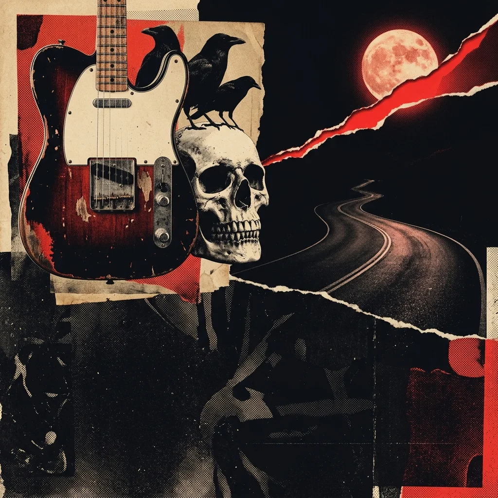 ilustración tributo de un collage con una guitarra telecaster vintage, una calavera con corona de cuervos, una carretera nocturna bajo la luna llena y un rayo de luz roja rasgando la oscuridad, paleta rojo y negro, sin texto ni logotipos
