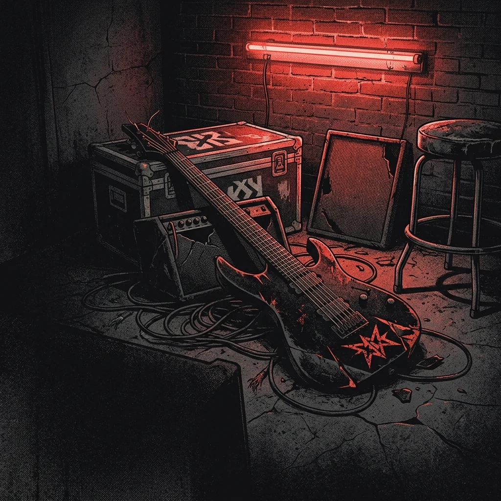 ilustración tributo de dos guitarras eléctricas cruzadas sobre un fondo de llamas contenidas y geometría industrial, atmósfera de metalcore moderno de Florida, paleta rojo y negro, sin rostros reconocibles ni logos