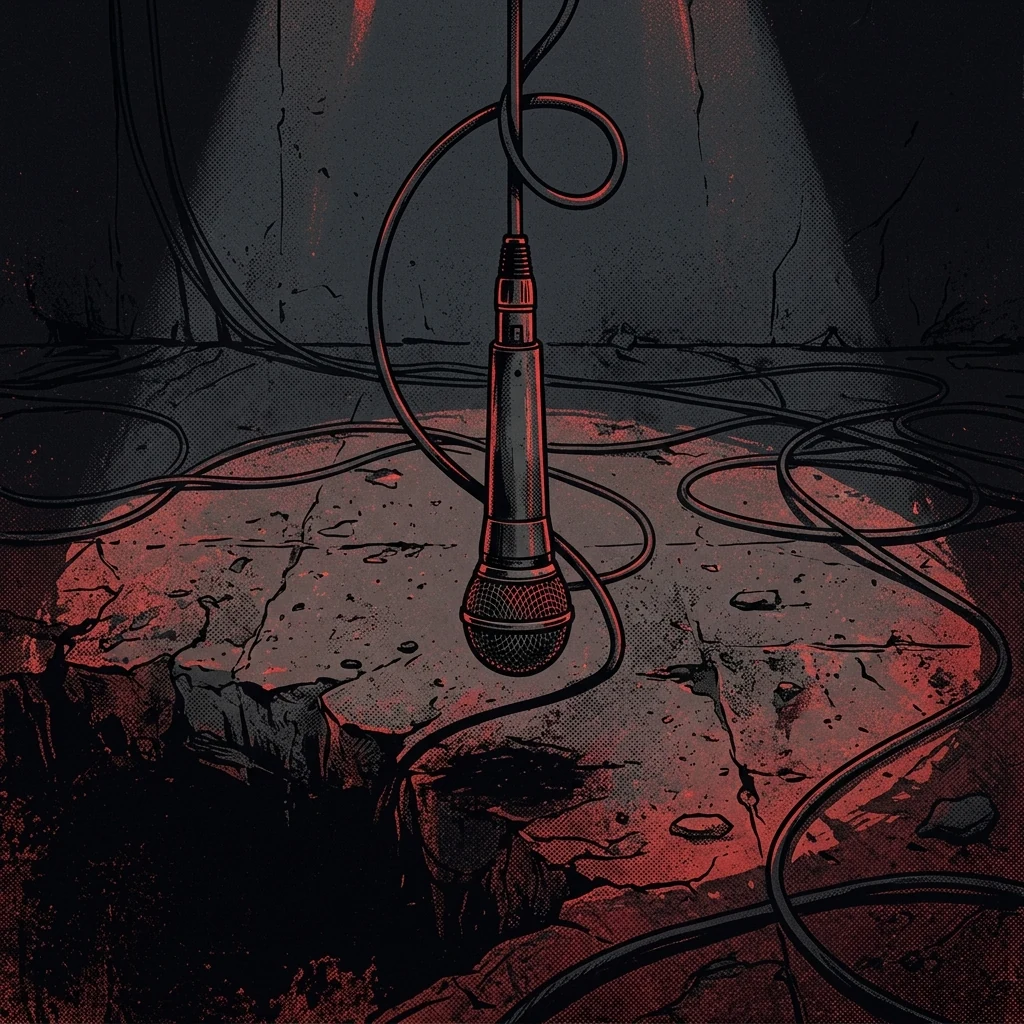 ilustración tributo de un escenario de concierto al aire libre con luces rojas rasantes y una multitud en pleno mosh pit, energía de festival de metalcore, paleta rojo y negro, sin rostros ni logos