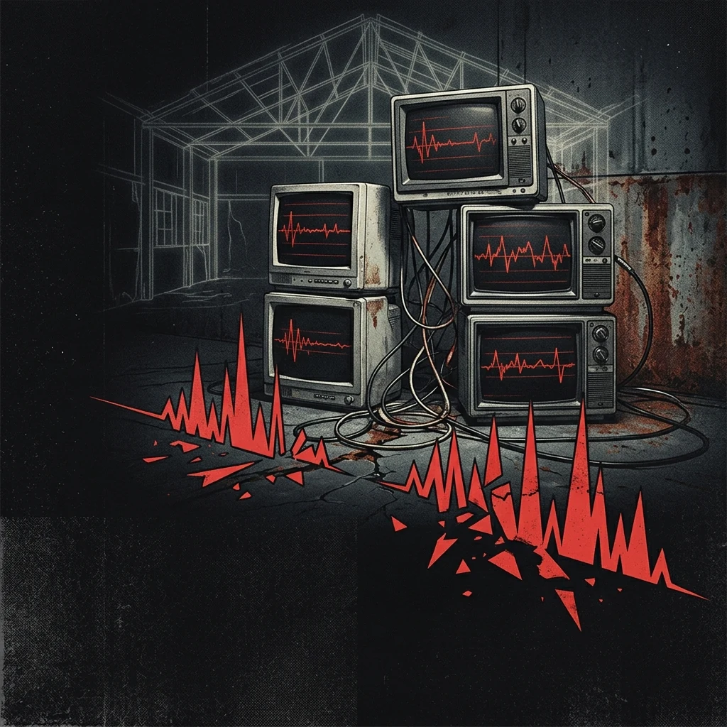 ilustración tributo de una guitarra eléctrica con cuerdas de acero bajo luz roja intensa, cables y pedales de efecto en un escenario de metalcore, estética industrial y visceral, paleta rojo y negro, sin texto ni logotipos
