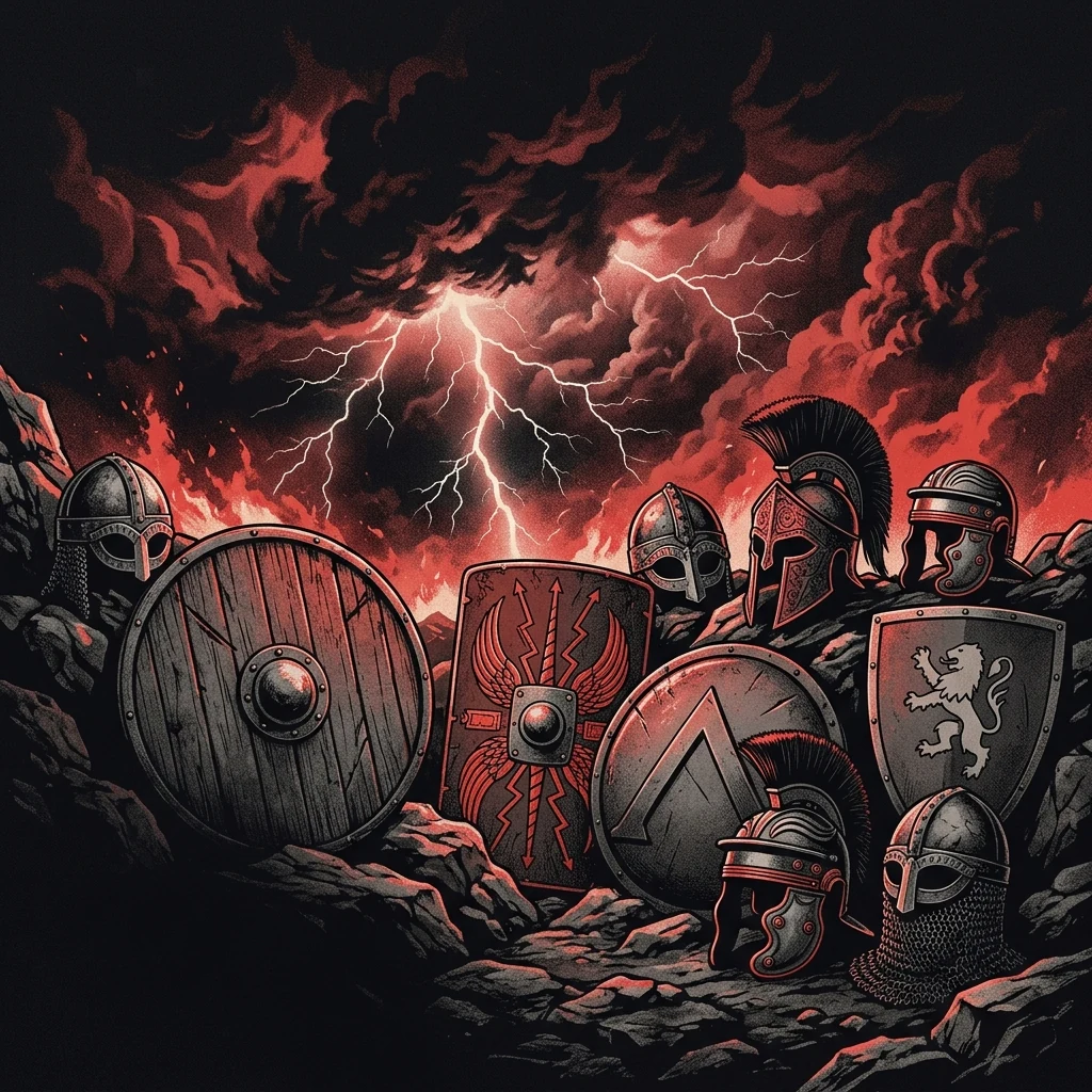 ilustración tributo de cuatro siluetas de guerreros con armaduras históricas —romana, vikinga, espartana y medieval— bajo una tormenta de relámpagos y fuego, estética de ilustración épica, paleta rojo y negro, sin rostros reconocibles ni logos