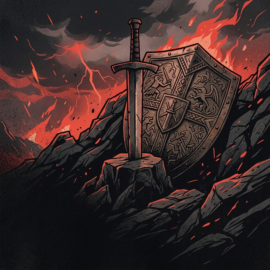 ilustración tributo de un escudo con grabados de batalla y una espada clavada en piedra bajo una tormenta de fuego, estética de power metal europeo épico, paleta rojo y negro, sin texto ni logotipos