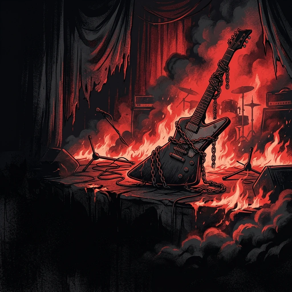 ilustración tributo de una guitarra eléctrica envuelta en cadenas sobre un escenario en llamas, atmósfera oscura y teatral, paleta rojo y negro intenso, sin rostros reconocibles ni logos