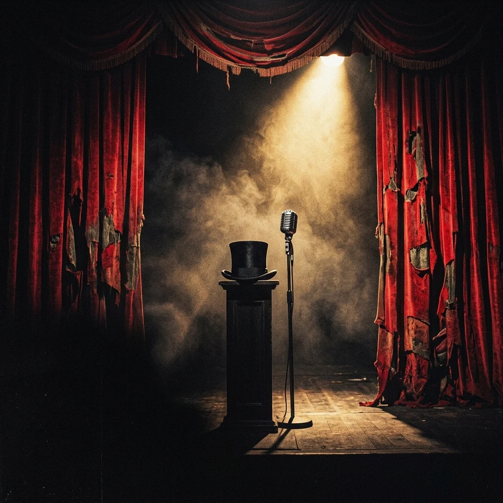 ilustración tributo de una corona de espinas sobre un escenario de teatro vacío iluminado por un único foco dorado, atmósfera de drama y redención, paleta rojo y negro, sin rostros ni logos