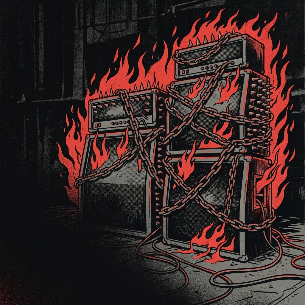 ilustración tributo de un amplificador en llamas rodeado de cadenas y tachuelas de metal, estética heavy metal de los años 80, paleta rojo y negro, sin texto ni logotipos visibles