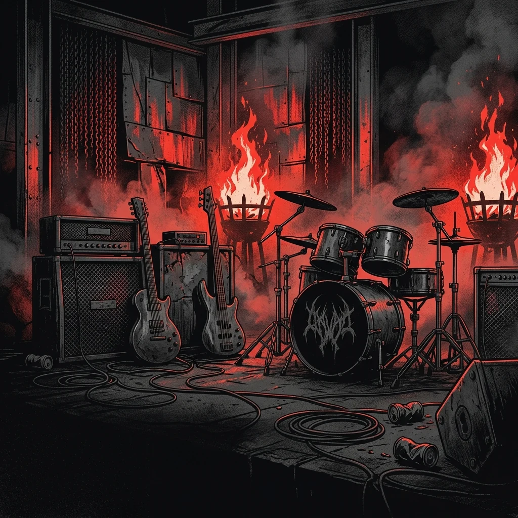 ilustración tributo de un altar de metal extremo con velas negras, huesos y un pentagrama ardiente sobre un escenario oscuro, atmósfera ritual de black metal sueco, sin rostros reconocibles ni logos, paleta rojo y negro profundos