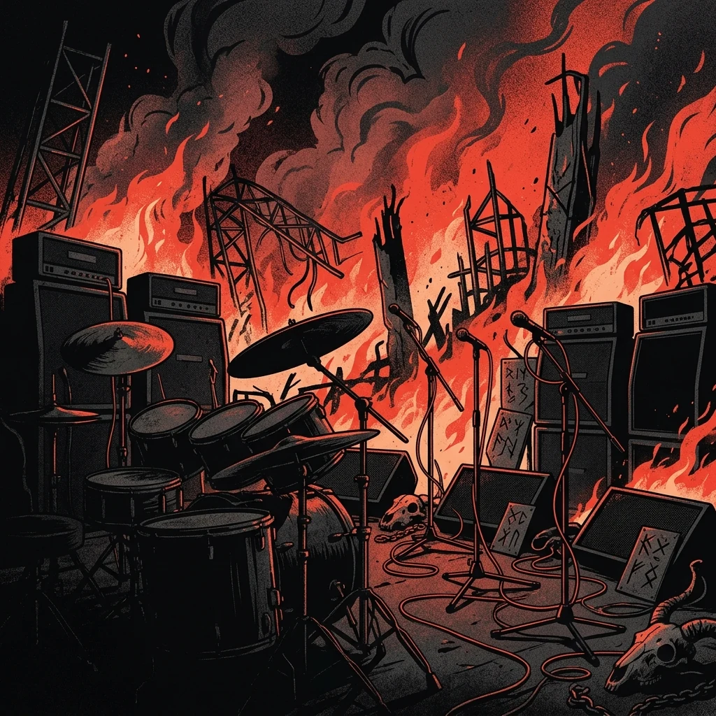 ilustración tributo de un escenario de metal extremo envuelto en llamas y humo denso, siluetas difusas entre el fuego, atmósfera apocalíptica de black metal, sin rostros ni logos, paleta rojo sangre y negro carbón