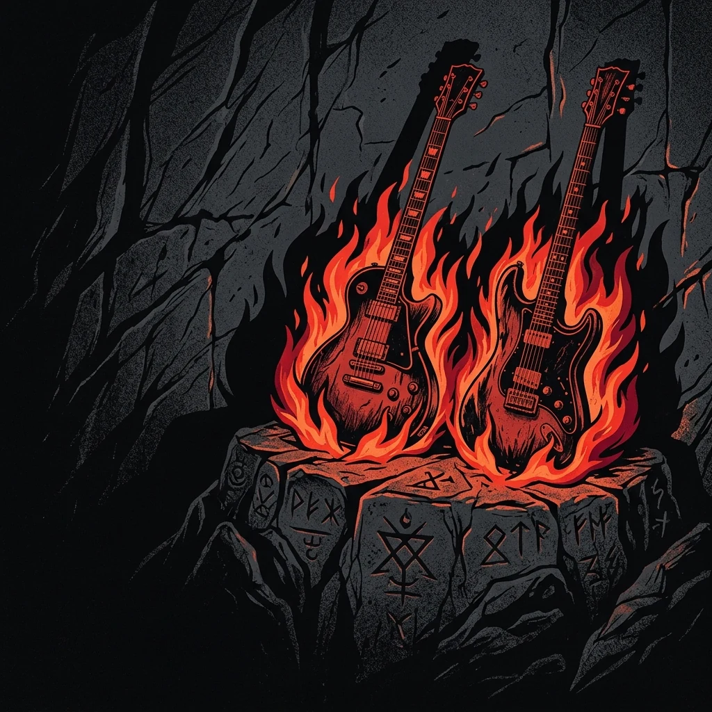 ilustración tributo de guitarras eléctricas envueltas en llamas sobre un fondo de piedra negra, motivos ocultistas grabados en la roca, luz de antorcha que proyecta sombras largas y agresivas, sin texto ni logotipos, paleta rojo y negro con destellos de naranja