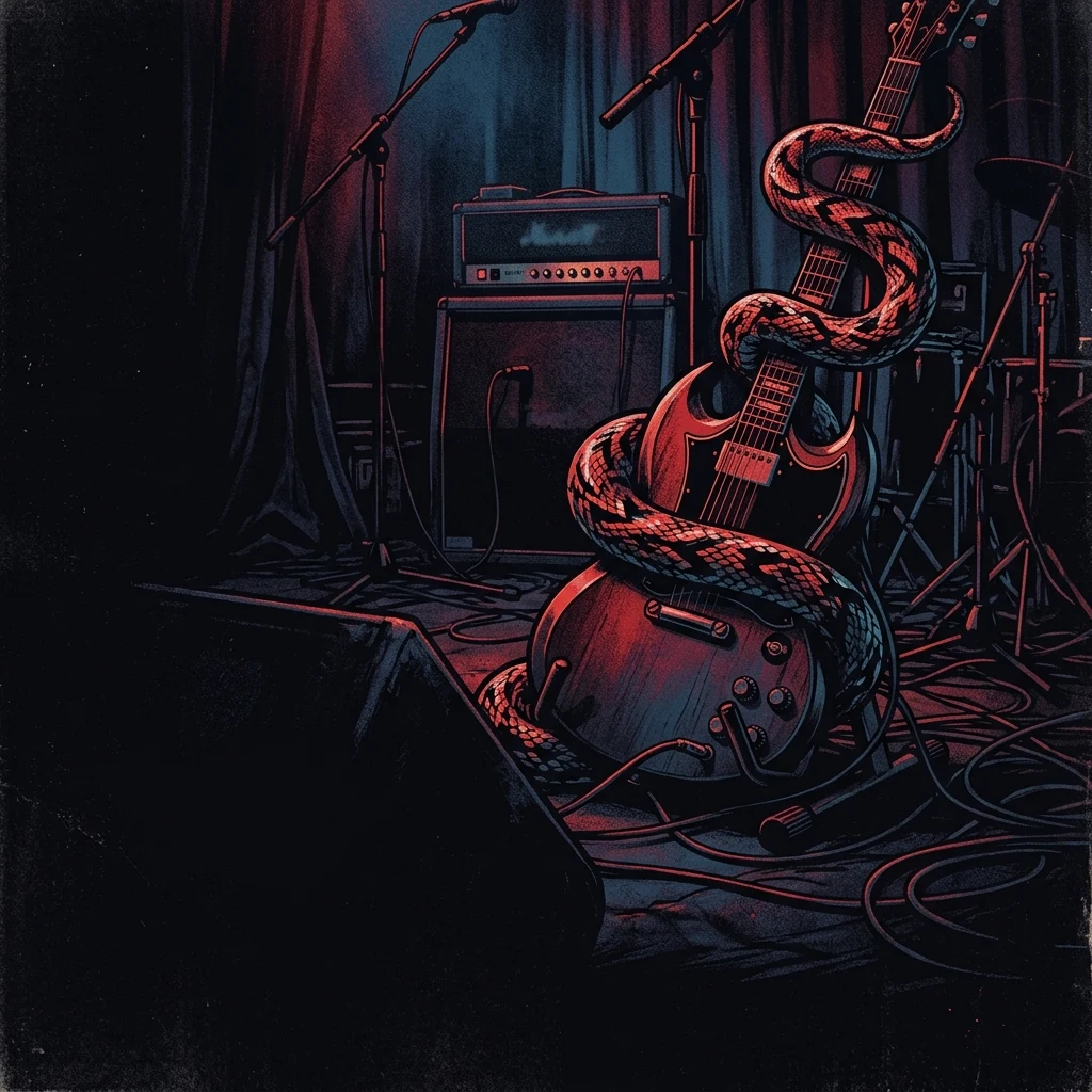 ilustración tributo de una serpiente enroscada sobre una guitarra eléctrica en un escenario iluminado por luz azul y roja, atmósfera de blues rock británico de los 70, paleta rojo y negro, sin rostros reconocibles ni logos