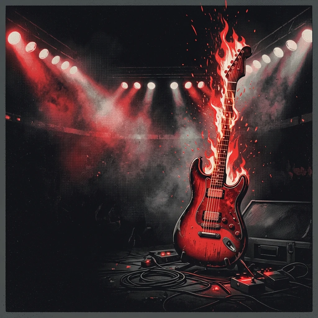 ilustración tributo de una guitarra eléctrica con llamas saliendo del mástil sobre un fondo oscuro de estadio con focos en contraluz, atmósfera explosiva del hard rock de los 80, paleta rojo y negro, sin rostros ni logos