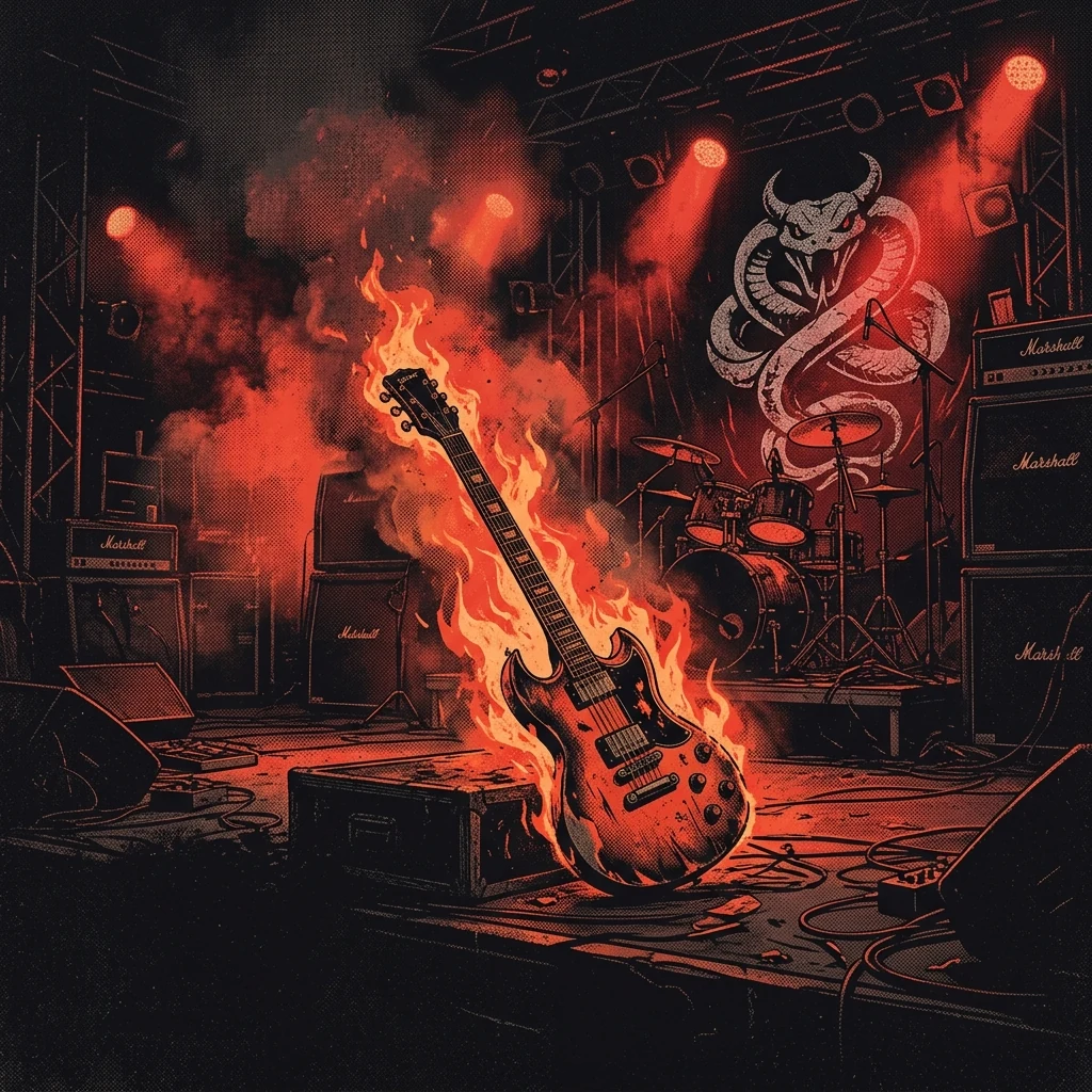 ilustración tributo de una guitarra en llamas sobre un escenario nocturno con humo y luces de colores, emblema de serpiente estilizado en el fondo, atmósfera de hard rock de arena de los 80, paleta rojo y negro, sin texto ni logotipos