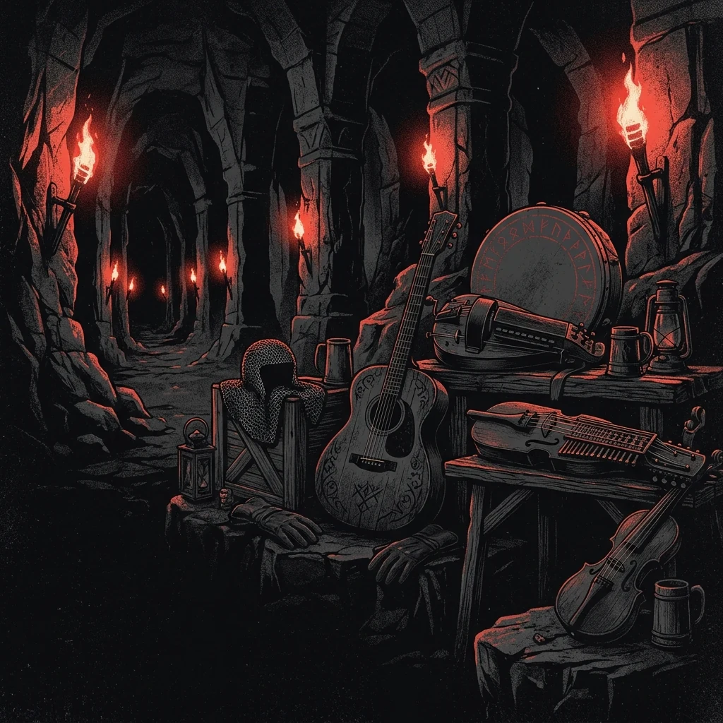 ilustración tributo de tres músicos en una mina subterránea iluminada por antorchas, instrumentos de metal entre columnas de roca tallada, atmósfera épica tolkieniana, paleta rojo y negro, sin rostros reconocibles ni logos
