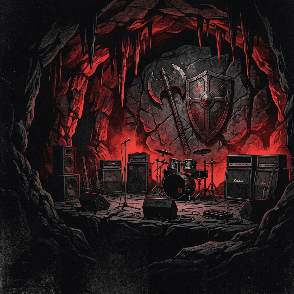 ilustración tributo de un escenario de concierto en una caverna de piedra con estalactitas iluminadas en rojo, hacha y escudo gigantes como telón de fondo, atmósfera de himno de guerra, paleta rojo y negro, sin rostros ni logos