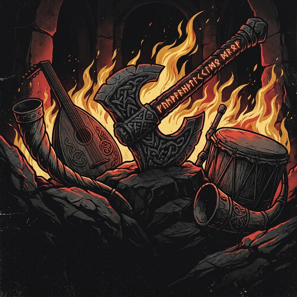 ilustración tributo de un hacha de enano tallada en roca con runas brillantes, rodeada de instrumentos medievales —laúd, cuerno, tambor— y llamas doradas, paleta rojo y negro profundo, sin texto ni logotipos