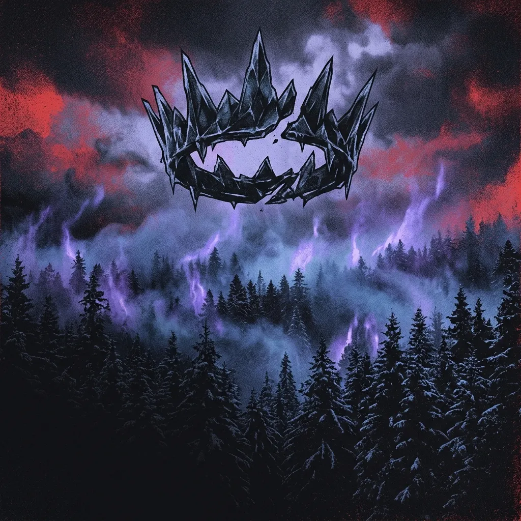 ilustración tributo de una corona de hielo fragmentada sobre un bosque oscuro de pinos nevados con niebla azul y destellos violeta, estética gothic metal holandés años 90, sin rostros reconocibles ni logos, paleta rojo y negro