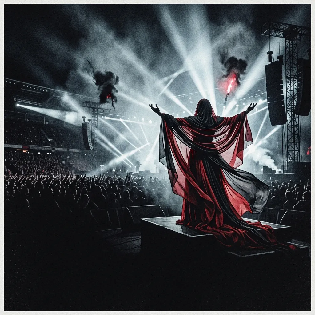 ilustración tributo de una figura etérea envuelta en capas de seda negra y roja sobre un escenario inmenso iluminado por rayos de luz blanca, atmósfera symphonic metal años 2000 en un estadio europeo, sin rostros reconocibles ni logos, paleta rojo y negro