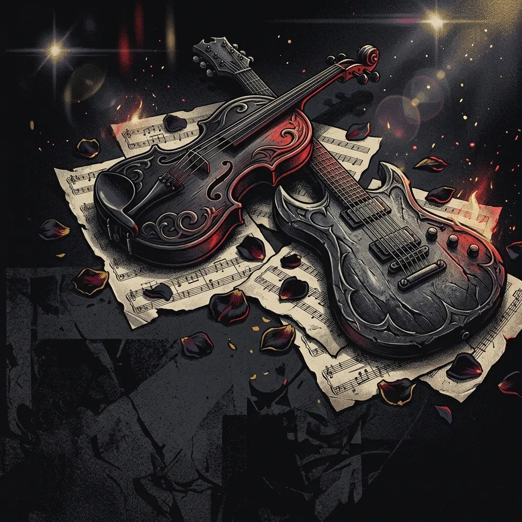 ilustración tributo de un violín y una guitarra eléctrica entrelazados sobre partituras fragmentadas y pétalos de rosa negra, estética symphonic metal, atmósfera nocturna con destellos dorados y rojos, sin texto ni logotipos