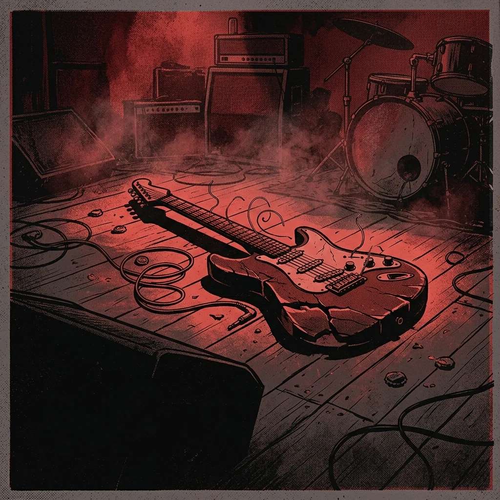 ilustración tributo de una guitarra eléctrica destrozada sobre el escenario de un club pequeño, luces rojas rasantes y humo, atmósfera de punk crudo de Yorkshire, paleta rojo y negro, sin rostros ni logos