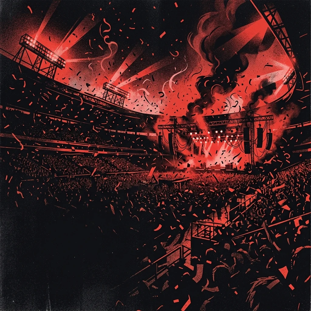 ilustración tributo de un estadio iluminado con destellos rojos y negros, siluetas de multitud con los puños alzados bajo una tormenta de confeti punk, paleta rojo y negro, sin rostros reconocibles ni logos