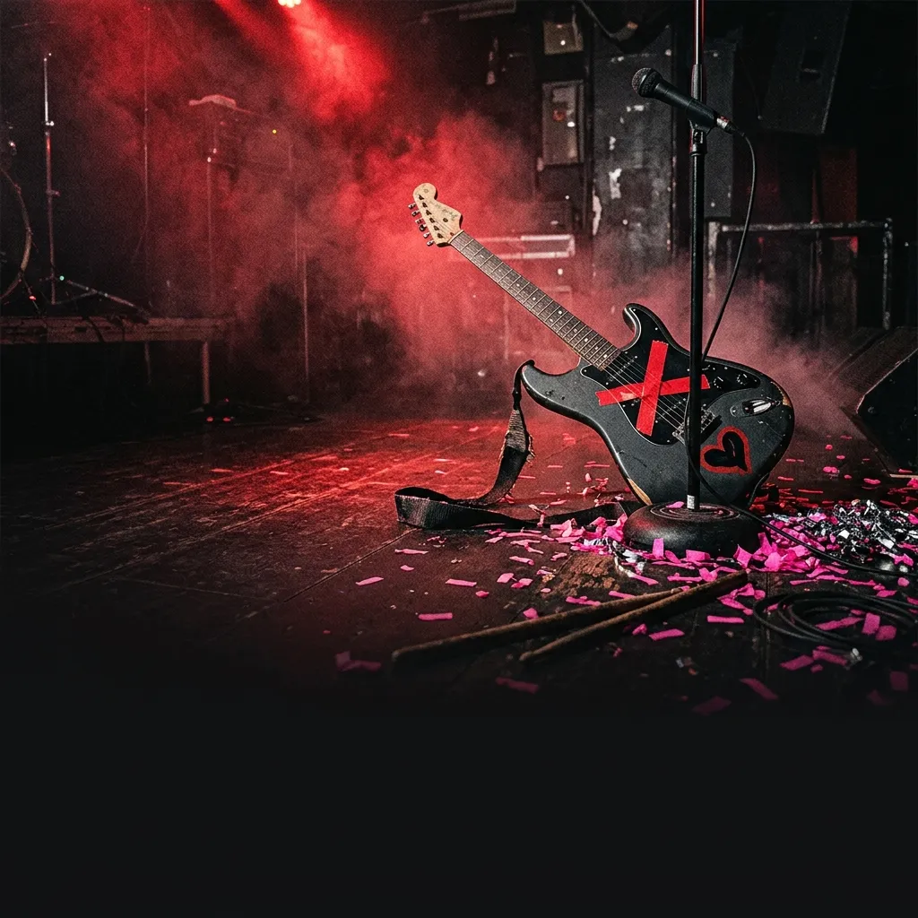 ilustración tributo de un collage con guitarra eléctrica, micrófonos de pie, notas musicales dispersas y símbolos de corazones negros bajo luz roja de escenario, estética punk pop 2020s, paleta rojo y negro, sin texto ni logotipos