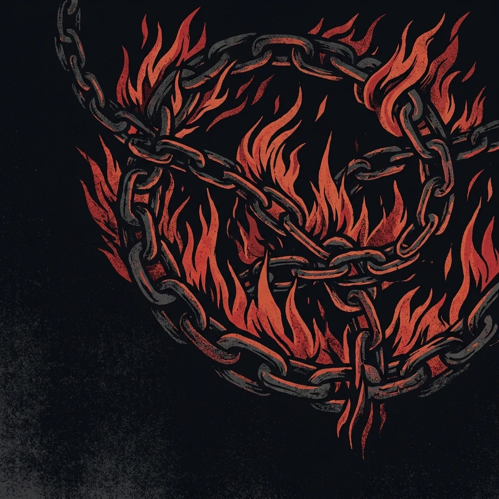 ilustración tributo de cadenas y llamas entrelazadas sobre un fondo negro absoluto, atmósfera ritual y opresiva, paleta rojo sangre y negro, sin rostros ni logos