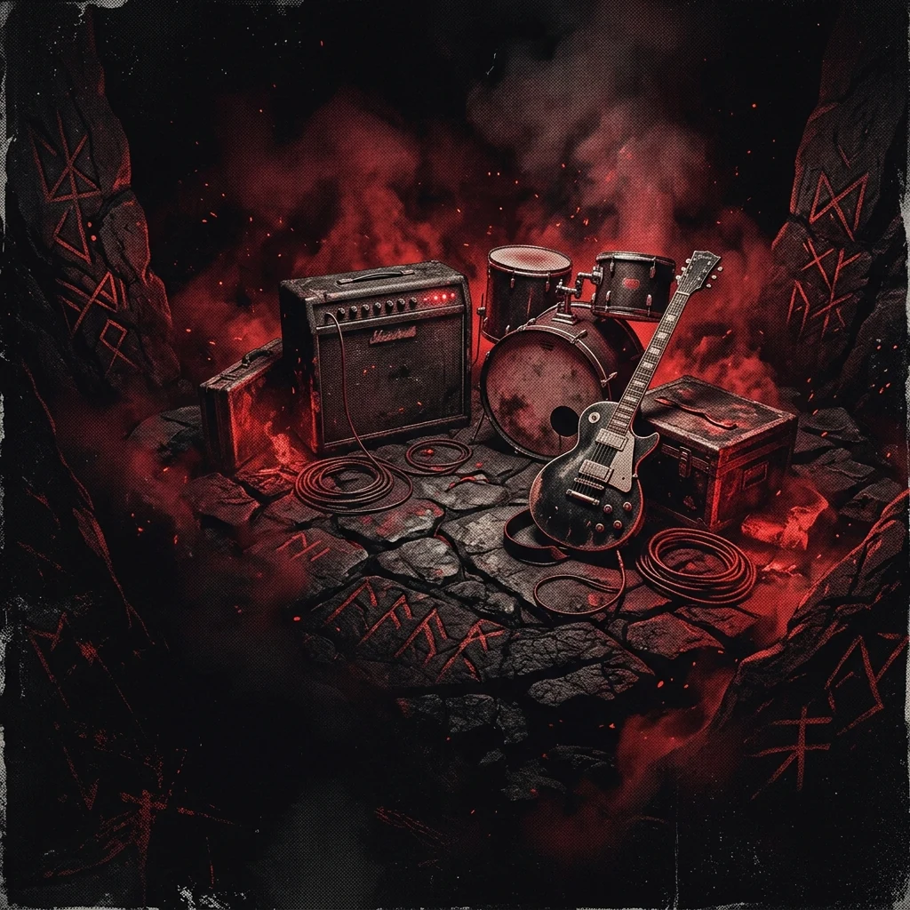 ilustración tributo de un ritual musical en la oscuridad, instrumentos eléctricos rodeados de brasas y espirales de humo rojo, atmósfera de ceremonia y peligro, paleta rojo sangre y negro absoluto, sin texto ni logotipos