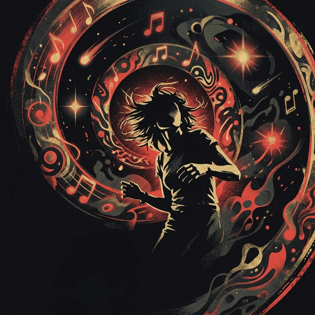 ilustración tributo psicodélica de los orígenes del rock alternativo mexicano en los noventa, espiral de notas musicales y formas cósmicas sobre fondo negro profundo con destellos rojos y dorados, sin rostros ni logos