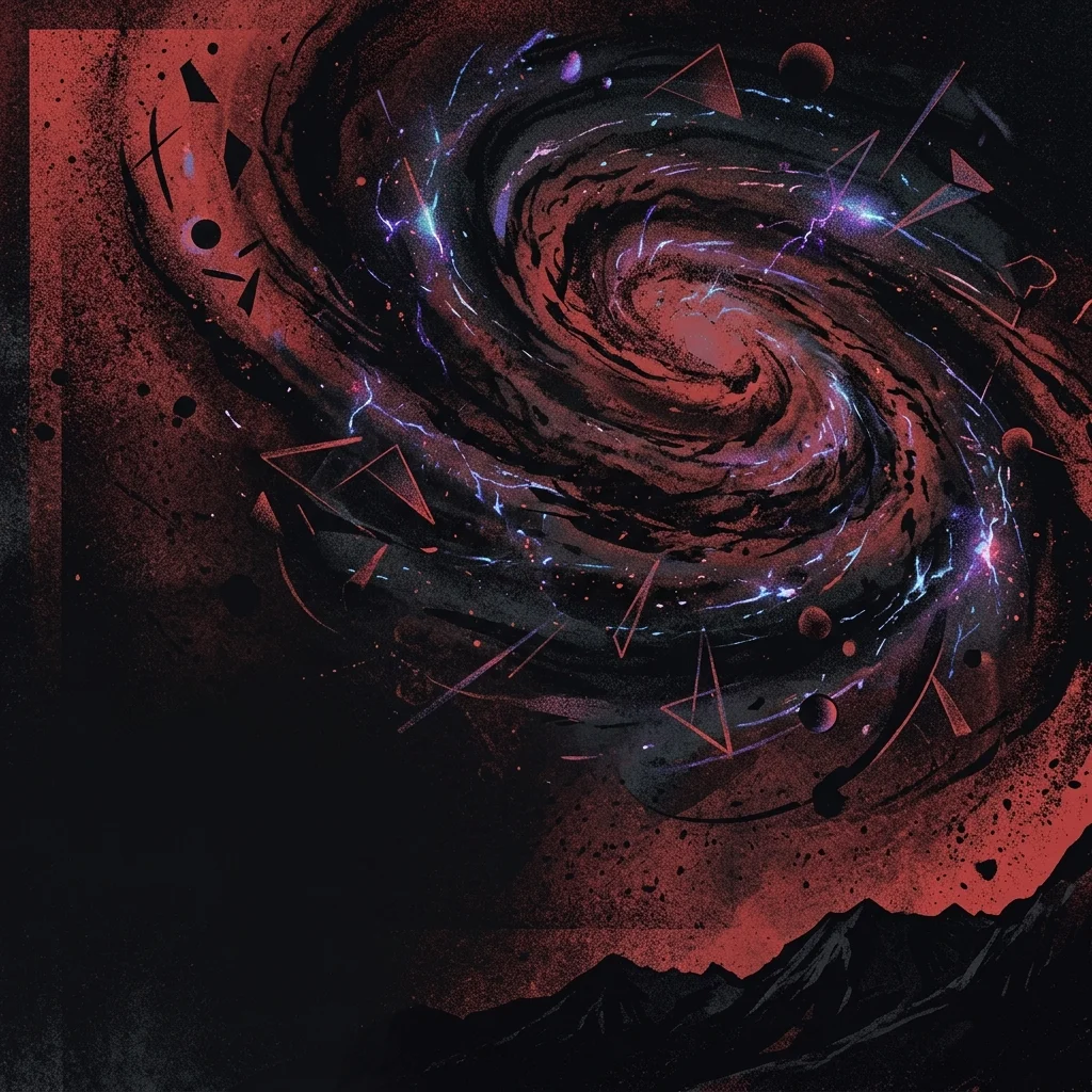 ilustración tributo al cosmos psicodélico de Zoé, galaxia espiral en tonos rojos oscuros y negros con destellos eléctricos azules y morados, formas geométricas flotantes, atmósfera onírica sin rostros ni logos