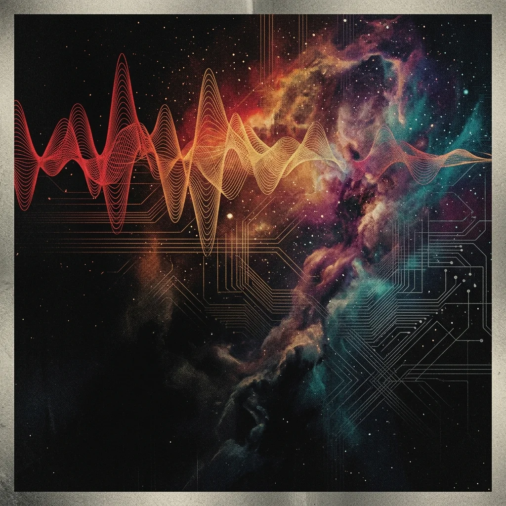 ilustración tributo al sonido atmosférico y psicodélico de Zoé, ondas de sonido que se convierten en nebulosas de colores cálidos y fríos sobre fondo negro, texturas análogas y digitales entrelazadas, sin rostros ni logos