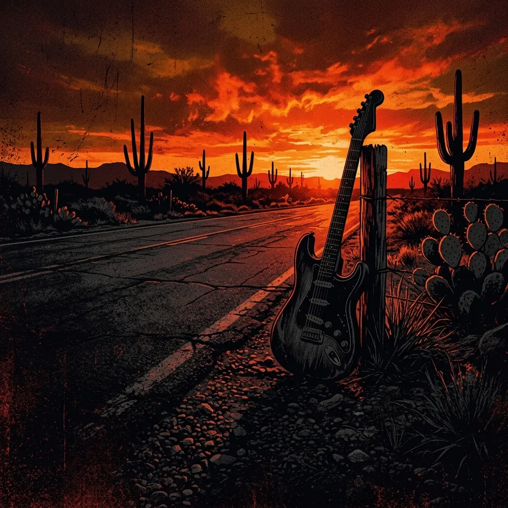 ilustración tributo de una guitarra eléctrica sobre una carretera de Texas al atardecer, siluetas de cactus, cielo en llamas naranja y rojo, paleta rojo y negro, sin rostros reconocibles ni logos