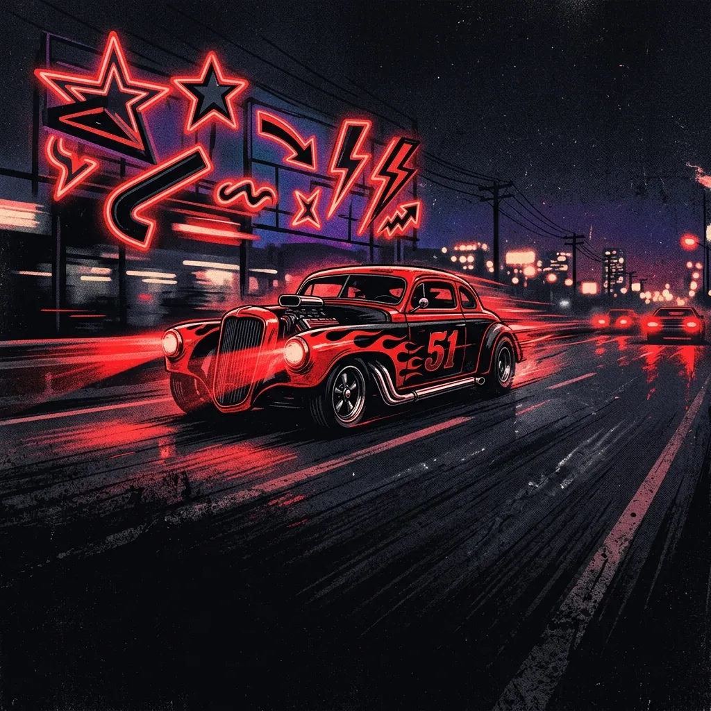 ilustración tributo de un hot rod rojo de los años 50 corriendo por una autopista nocturna bajo luces de neón, estética pop art de los 80, paleta rojo y negro intenso, sin rostros ni logos