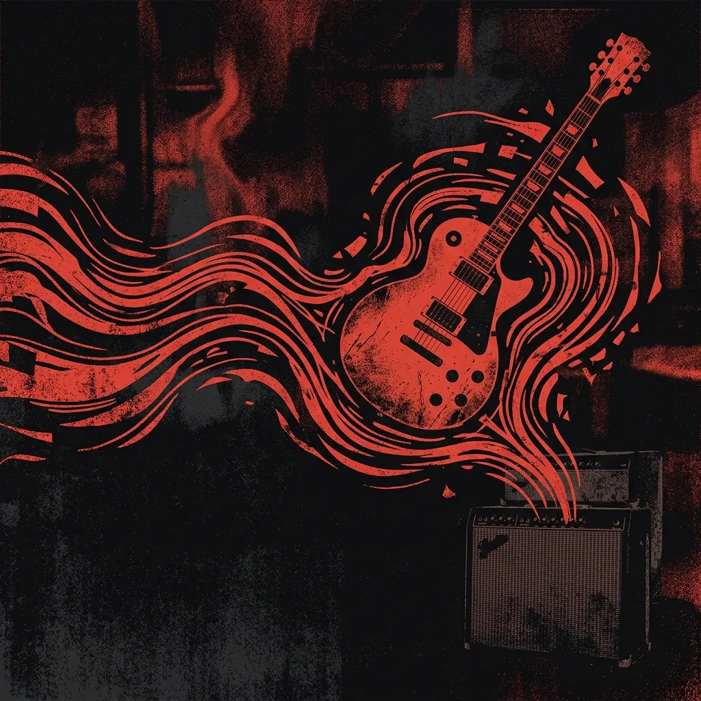 ilustración tributo de una guitarra Les Paul con efectos de distorsión y ondas de boogie blues saliendo de un amplificador vintage, estética Texas blues de los 70, paleta rojo y negro, sin texto ni logotipos
